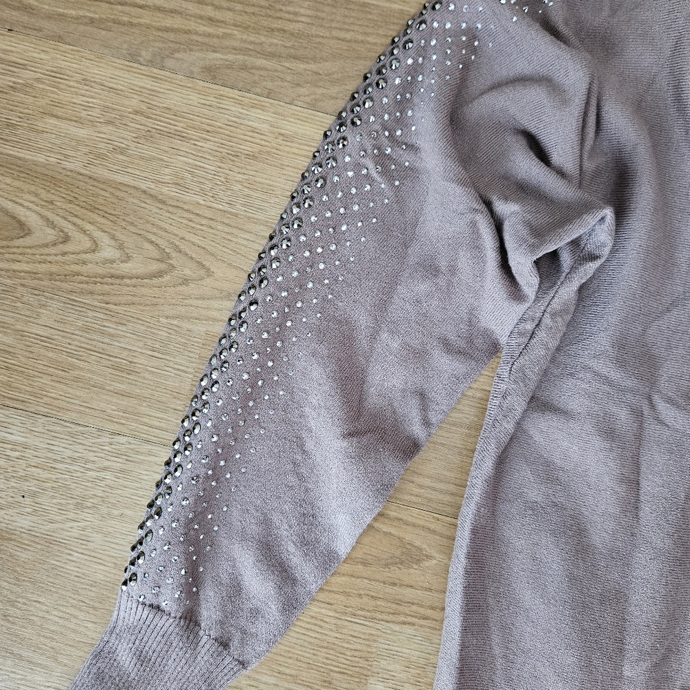 NWT Keren Hart Jeweled Sleeve Hooded Sweater size S Mocha Tan S-2390 - Picture 14 of 16